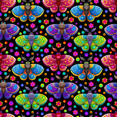 A seamless pattern with bright moths and flowers, on a dark background