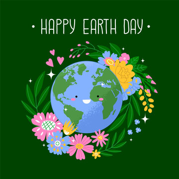 Poster for the holiday World Earth Day. Image of a happy planet surrounded by flowers. A celebration of caring for the environment. Vector illustration isolated on green background.