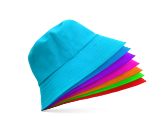 Multi-colored bucket hats PNG transparent.
