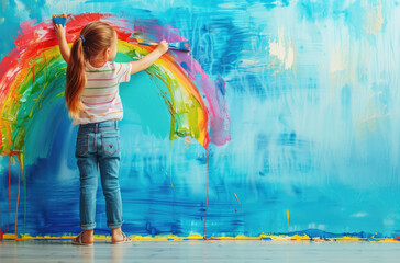 A little girl painting a rainbow on the wall, holding a paintbrush in her hand, using colorful colors, with a joyful and happy expression