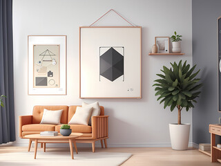 mock up poster frame in modern interior background, living room, 3D tender, 3D illustration