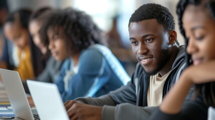 African Americans college students and their teacher use laptop during computer class - obrazy, fototapety, plakaty