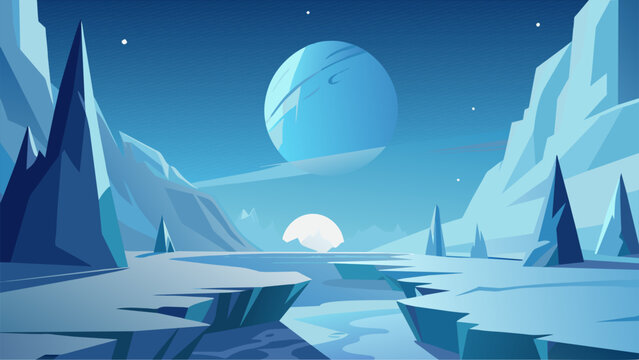 The frozen landscape of Ice Planet is dotted with shimmering ice caves and intricate ice formations creating a surreal and otherworldly