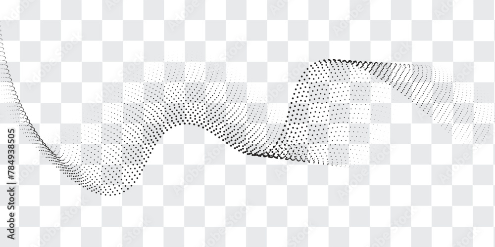 Wall mural flowing dot particles wave pattern halftone black gradient smooth curve shape isolated on transparen