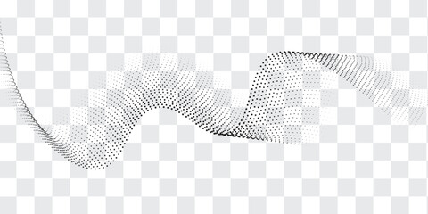 Flowing dot particles wave pattern halftone black gradient smooth curve shape isolated on transparent background. Vector in concept of technology, science, flowing