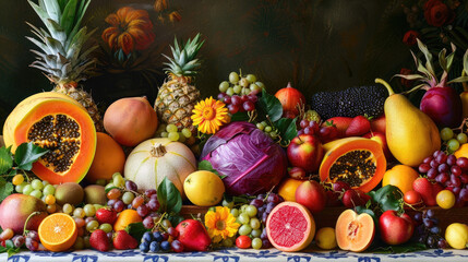 Naklejka na ściany i meble A variety of exotic fruits arrayed on a table