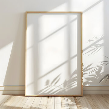 A rectangular picture frame hangs on a hardwood floor wall
