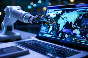 Futuristic Robotic Arm Typing on a Laptop Keyboard Against a Digital World Map Background