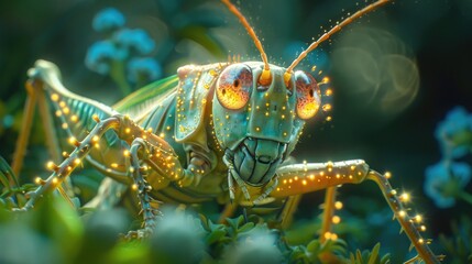 Intriguing Close-Up of a Grasshopper's Vibrant Wing Patterns, Nature's Artistry on Display.