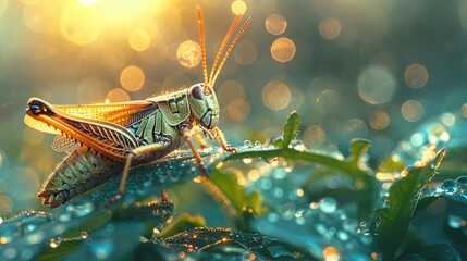 Magnificent Grasshopper Perched Atop a Towering Stem, Surveying Its Leafy Kingdom with Dignity and Grace. - obrazy, fototapety, plakaty