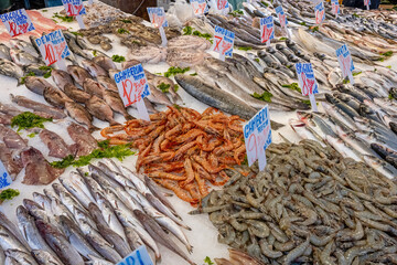Fresh prawns and more fish and seafood for sale at a market in Naples, Italy - 784939379