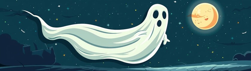 A Ghost, A floating fabric, Cartoon comical style - obrazy, fototapety, plakaty