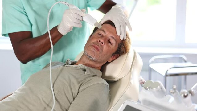 African male cosmetologist performs skin care and maintenance procedure for European man client. Specialist uses scriber nozzle to remove dead particles and peel-off clarifying 