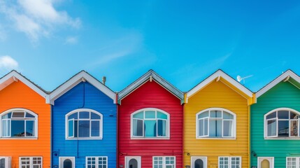 A row of colorful houses in the city with blue background and copy space