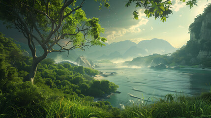 A tropical island with greenery scene, Generative AI - obrazy, fototapety, plakaty