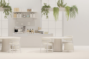 3D render modern white and beige style cafe counter with big window, with espresso coffee making machine, stack of eco friendly paper cup. Morning sunlight, Bistro, Business, Space, Blank - obrazy, fototapety, plakaty