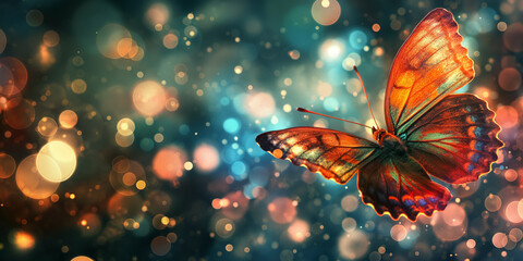 A fantastic color butterfly and dandelion. Seeds of a dandelion flower in droplets of dew. Natural blue bokeh light effect  background. Morpho