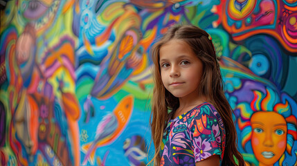 A young girl with a curious expression stands confidently in front of a colorful mural, depicting scenes of knowledge and empowerment The image is rendered in a vibrant, painterly style