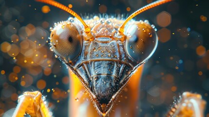 Macro shot of a Mantis cleaning its antennae, the light highlighting the fine details of its anatomy. - obrazy, fototapety, plakaty