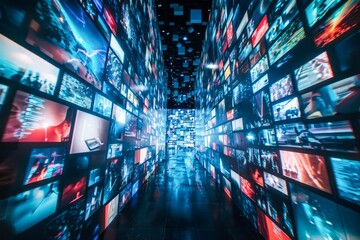 Surreal Tunnel of Multiple Screens Showcasing Diverse Visual Content