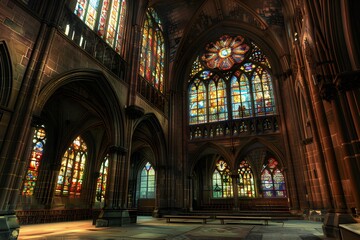 Fototapeta na wymiar Majestic Cathedral Interior with Stained Glass Windows