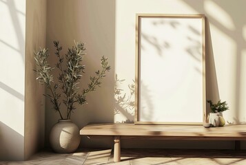 Wooden Picture Frame on Wooden Table With Dry Flowers in Vase During Afternoon