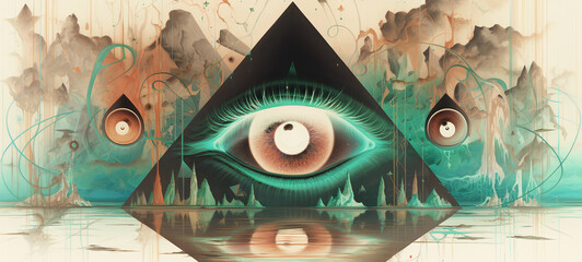 Illustration, a human eye in a triangle, generative AI