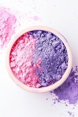 Crushed Pink and Purple Holi Powder in a White Bowl on a Pastel Background