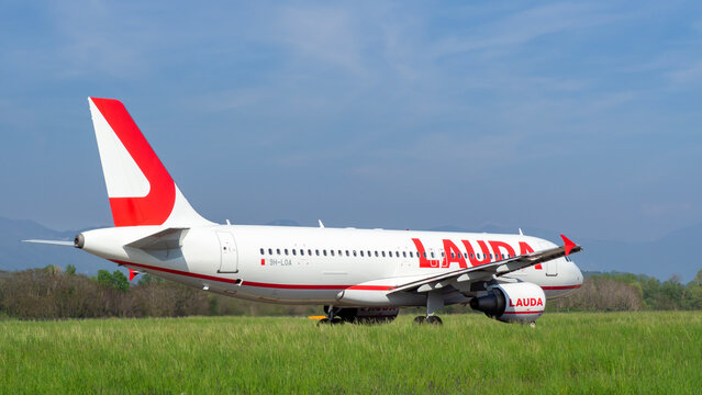 Lauda Airbus A320 is taxiing at the Milano Bergamo International Airport