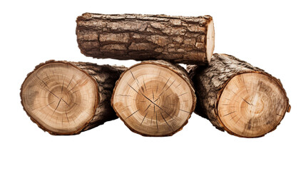 A stack of four round wooden logs isolated on a white background