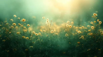 Crédence de cuisine en verre imprimé Olive verte Wildflowers at Sunrise, Yellow Blossoms, Magical Morning Meadow
