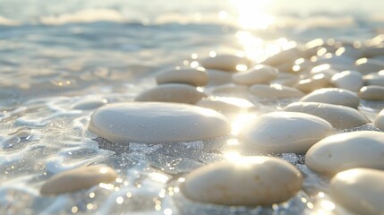 Pebbles and Water, Sparkling Sun, Relaxing Beach Texture with Copy Space