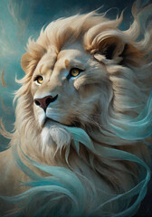 Fantasy Illustration of a wild animal lion. Digital art style wallpaper background.