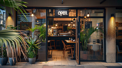 Cozy cafe facade with warm lighting and tropical plants