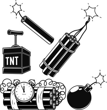 dynamite bomb tnt fire set cartoon. explosive fuse, explosion boom, detonator weapon, danger spark, burning wick, detonate stick, bang dynamite bomb. Cartoon comic vector illustration