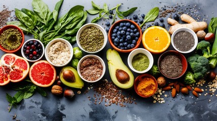 Fototapeta na wymiar Assorted superfoods in containers on a solid colored background. A variety of superfoods in small bowls, surrounded by fresh fruits, nuts, and vegetables, highlighting a healthy lifestyle