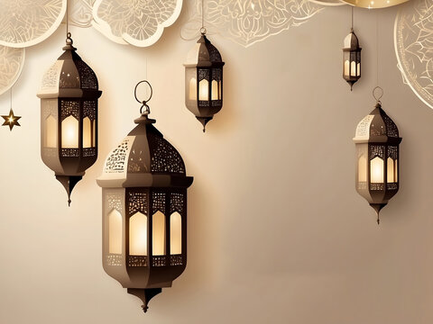 Islamic greeting Ramadan Kareem and Eid Mubarak card background design with lanterns, lamps, and beige colour design.