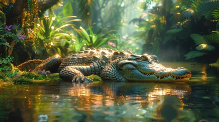 Crocodile Sunbathing on the Banks of a Tropical River, Its Powerful Jaws Agape. - obrazy, fototapety, plakaty