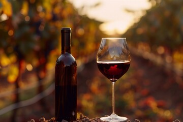 A glass and a bottle of red wine on the background of a grape field.