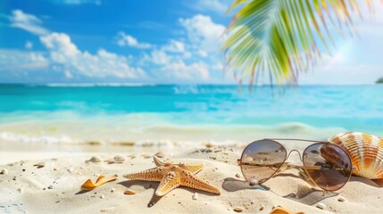 Fototapeta na wymiar A pair of sunglasses and a starfish are on a beach.