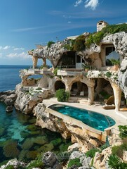 distant exterior photo of a beautiful multistory modern cave house