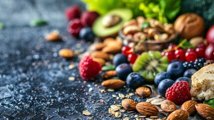Assorted superfoods in containers on a solid colored background. A variety of superfoods in small bowls, surrounded by fresh fruits, nuts, and vegetables, highlighting a healthy lifestyle