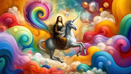 Surreal Art of Mona Lisa Riding a Unicorn - obrazy, fototapety, plakaty