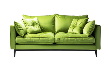 Modern empty green sofa with pillow placed isolated on cut out PNG or transparent background. Modern interior by furniture decoration. Decoration place in living room or drawing room.