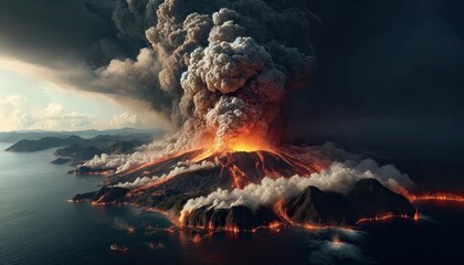 Majestic Volcano Eruption Over Calm Sea - obrazy, fototapety, plakaty