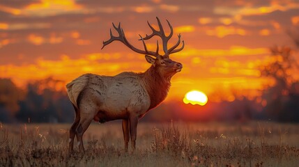 Elk Silhouetted Against a Stunning Sunset, Evoking a Sense of Tranquility and Beauty.