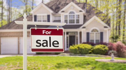 A red and white "For Sale" real estate sign displayed in front of an elegant house, indicating that the property is available for purchase