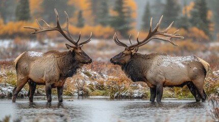 Elk Bull Engaging in Antler Sparring with Another Male, Demonstrating Strength and Aggression.