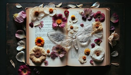 Vintage Book with Butterfly and Pressed Flowers
