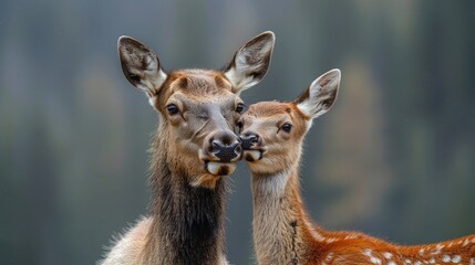 Obraz premium Elk Calf Nuzzling Close to Its Mother, Depicting Affection and Protection.